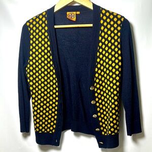 Tory Burch Merino Wool Polka Dot Cardigan Sweater Gold Patterned